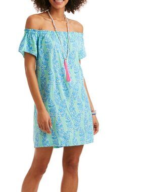 Vineyard Vines Linen Blend Off Shoulder Mini Dress Sz L Beach Hawaii Palm Print